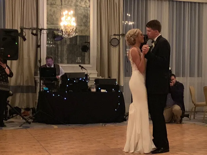 Bride and groom sharing a first dance in a ballroom