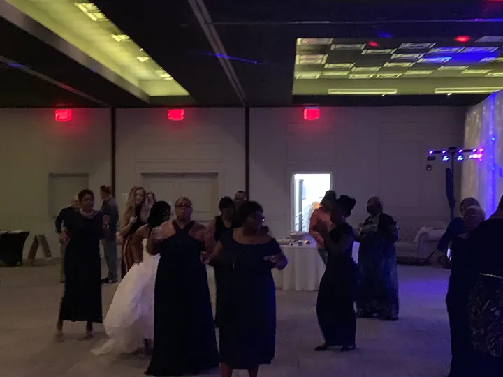 Wedding guests dancing together in a reception hall